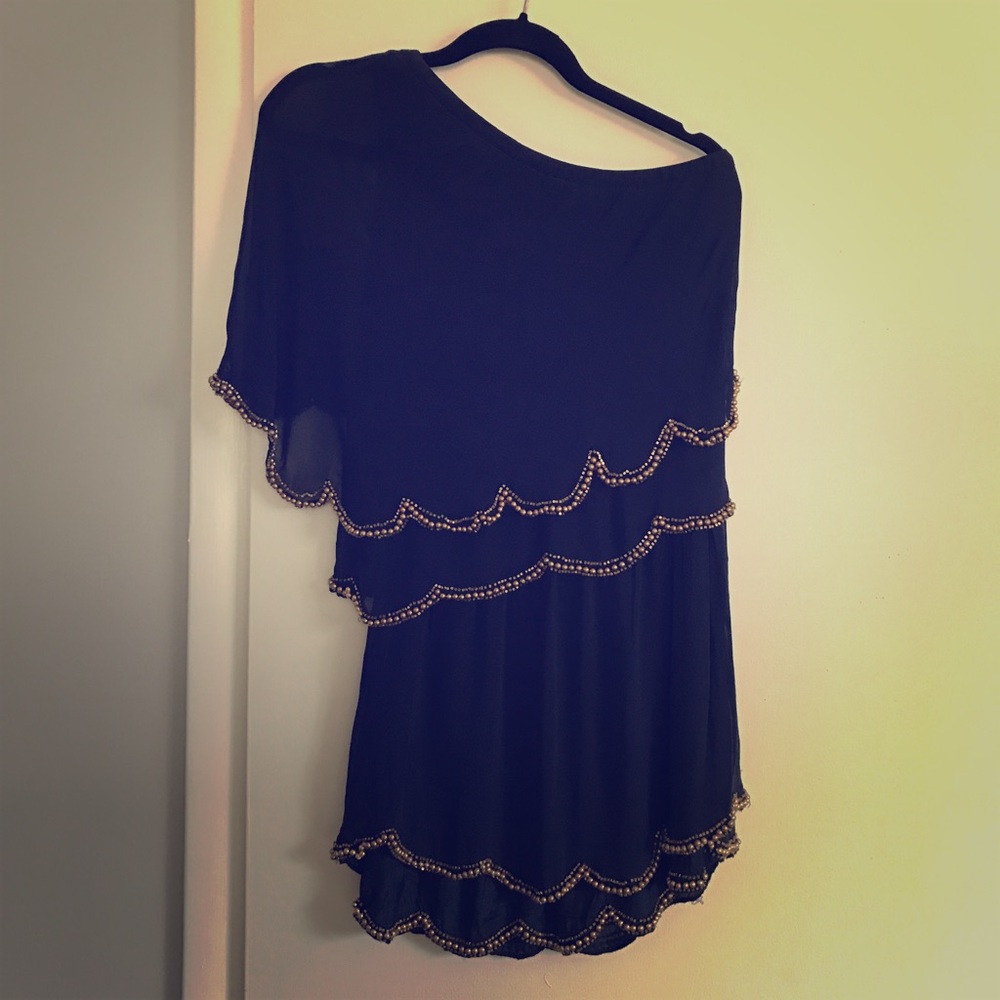Asos One-Shoulder Navy & Gold Beaded Dress, Size 2